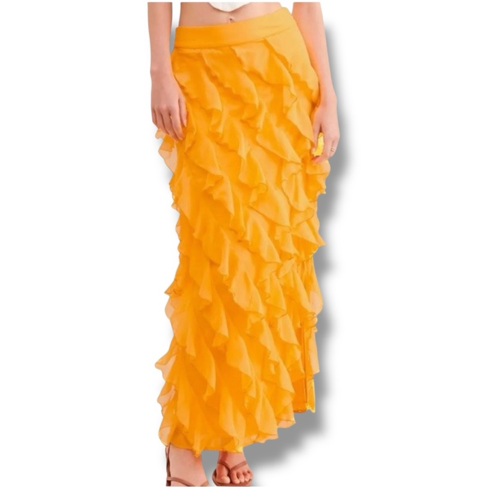 Anthropologie Let Me Be Sasha Elegant Yellow/Gold Ruffled Maxi Skirt with Slit